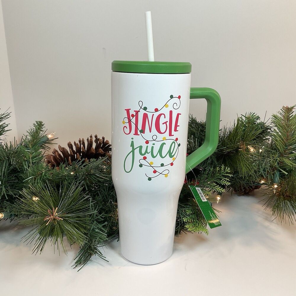 Christmas Tumbler 40 Oz “Jingle Juice” Stainless W Straw Lid Sleigh Bell Bistro